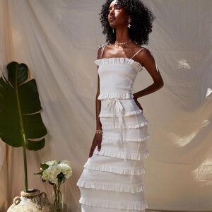 New V. Chapman White Tiered Ruffle Maxi Dress with Tie Waist Sz. 10